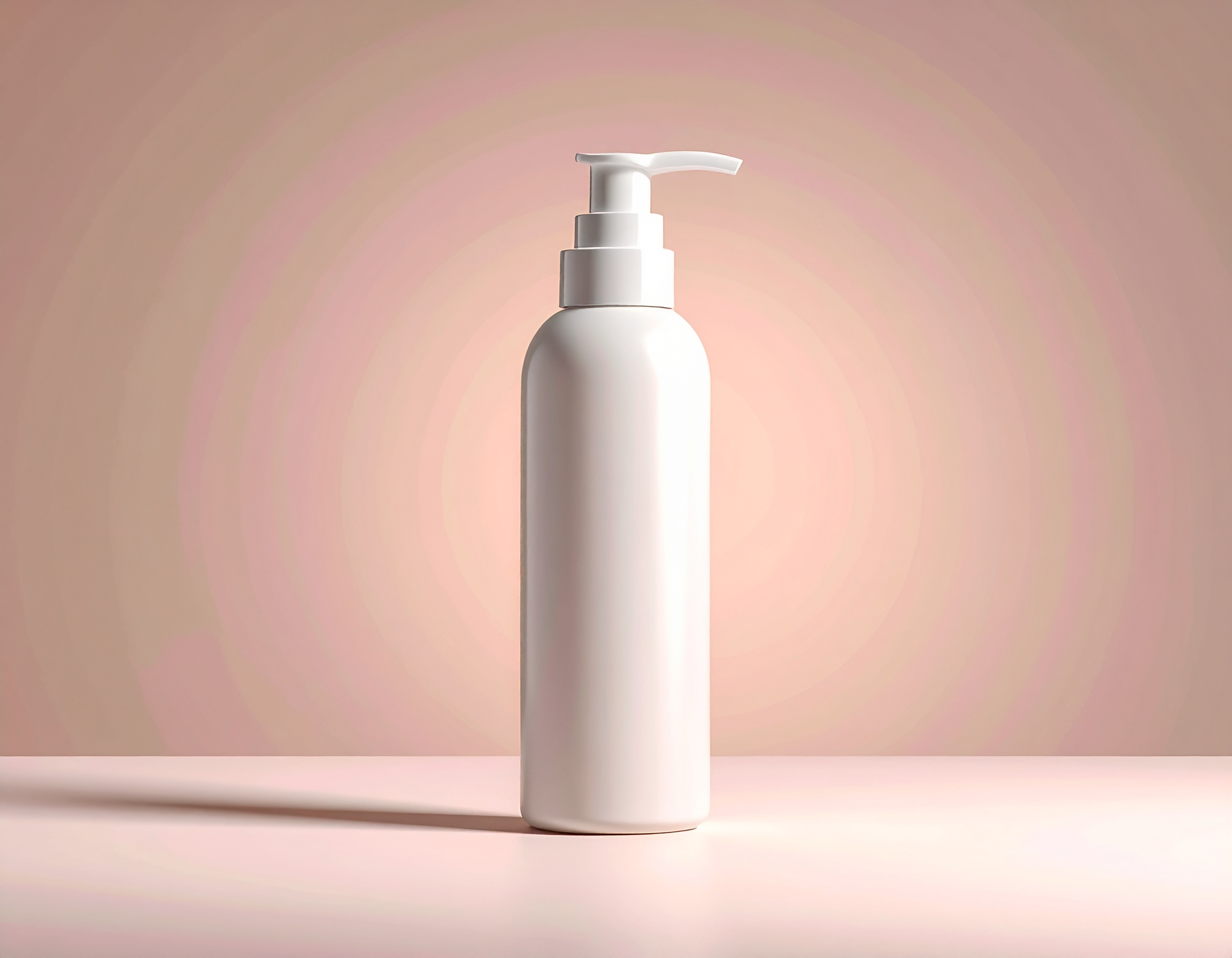 Frasco de loção branco com tampa de bomba em fundo rosa suave, iluminação difusa destacando a silhueta cilíndrica, composição centralizada, estilo minimalista e foco nítido.